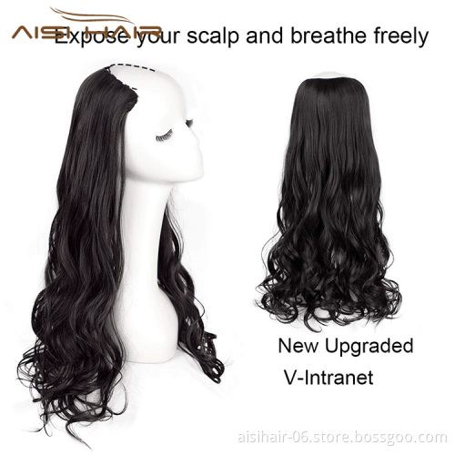 Aisi Hair 22inches New Arrival V Shape Synthetic Clip In Hair Extensions Natural Black Long Wavy Hairpieces